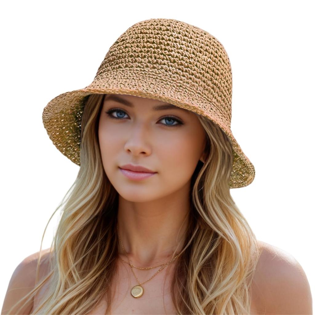 Summer UV-Protect Crochet Straw Bucket Hat for Women Beach Fashionable Breathable Outdoor Sunshade Cap Foldable Visors