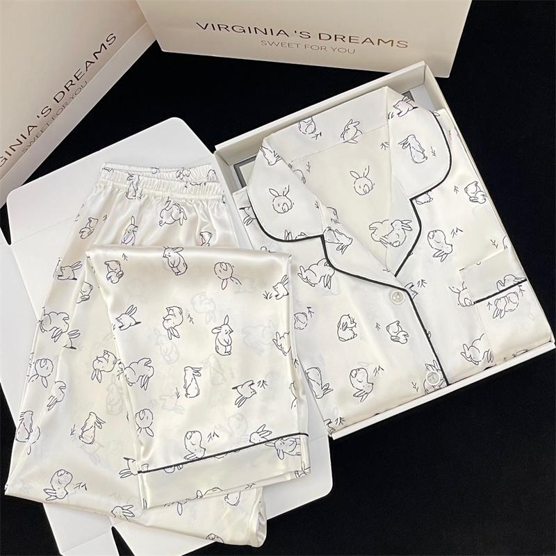 Autumn Ice Silk Luxury Women's Pajamas Lapel Cardigan Home Clothes for Women Cute Rabbit Printing Princess Home Wear