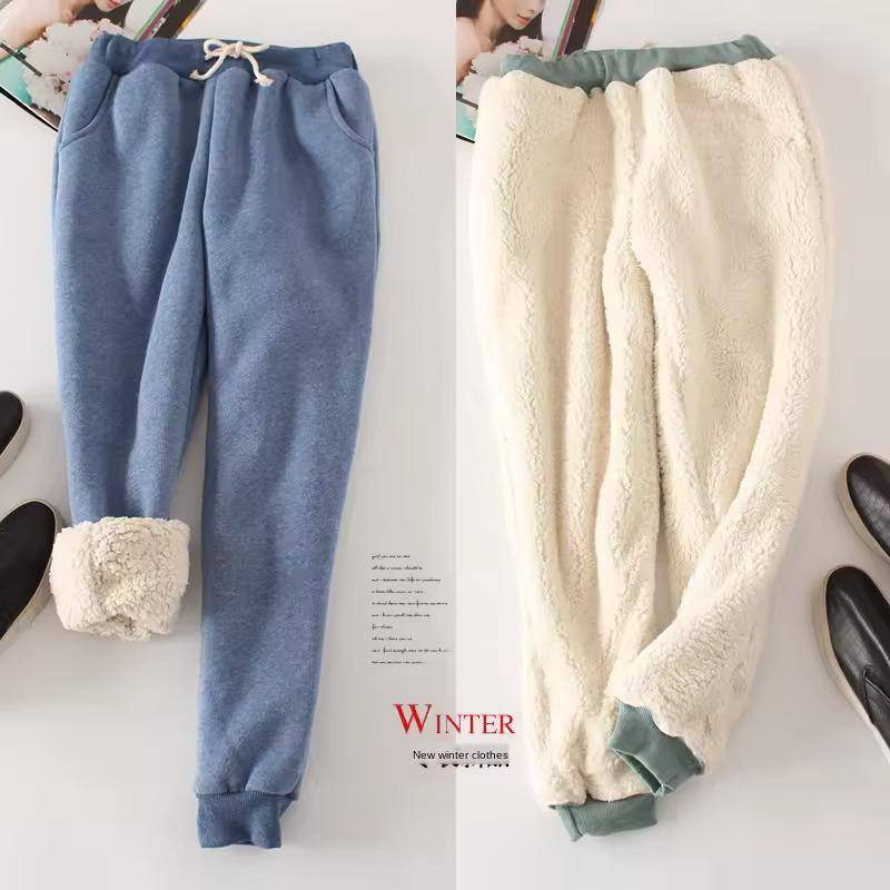 Women's Solid-Color Fleece-Lined Fall/Winter Sweatpants: Lambswool Casual Sweatpants with Cuffed Legs and Drawstrings for Winter