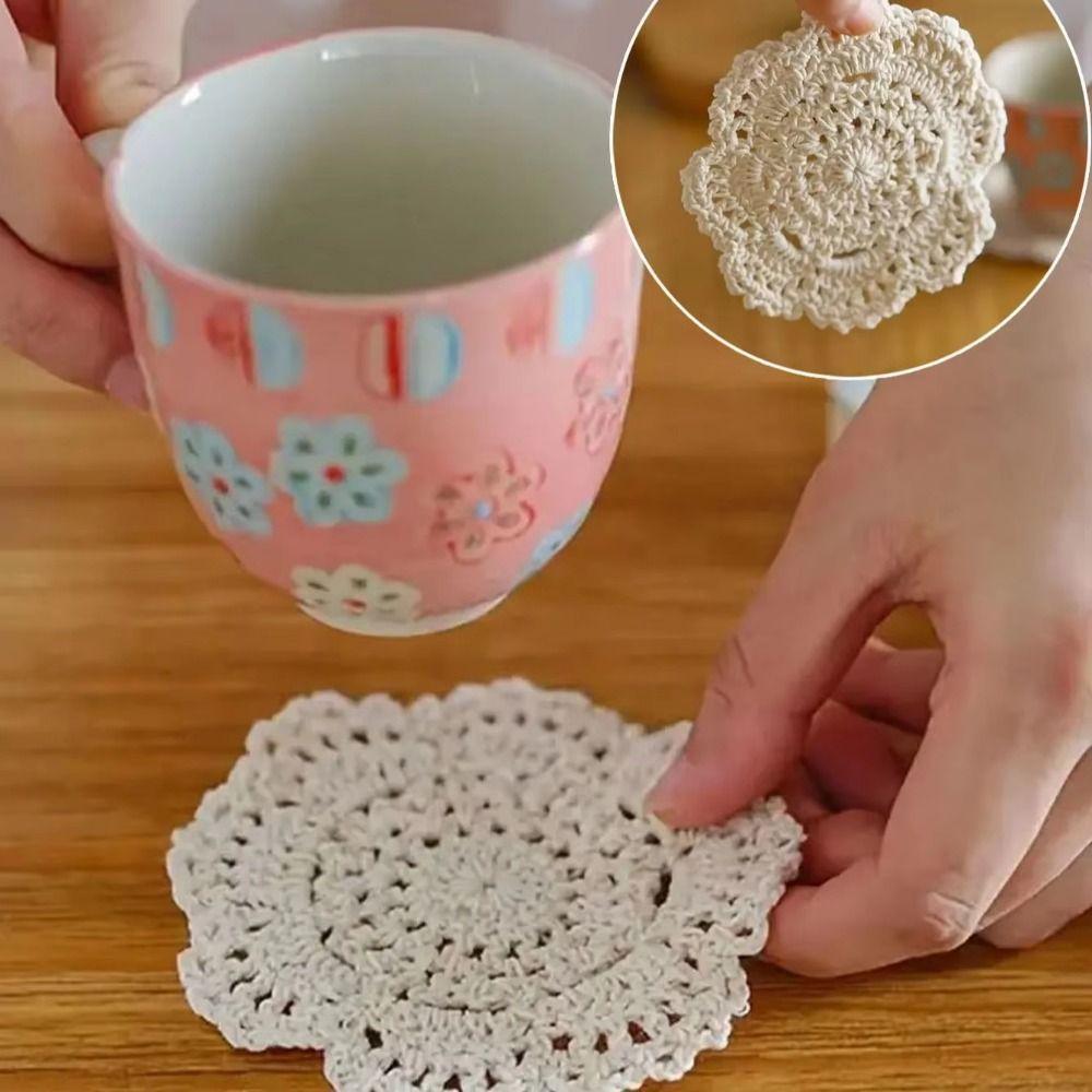 2/4Pcs Knitted Texture Lace Floral Coasters Vintage Round Woven Placemats  Coffee Table