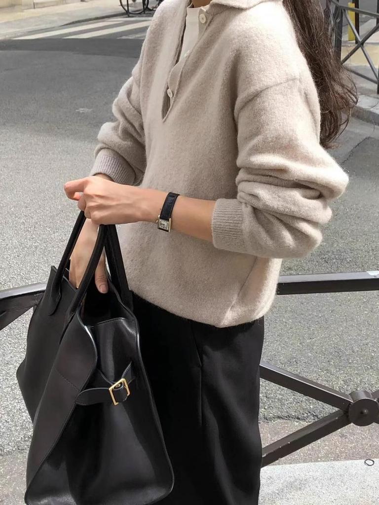 Women's Pure Wool Half-Open Collar Sweater - Autumn/Winter Knitwear, Loose Fit, Casual Style