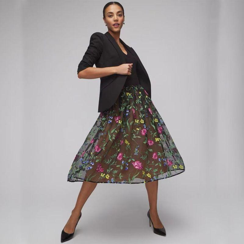 

Atmospheric Field European and American Original Single Mesh Embroidery Skirt Black 00p