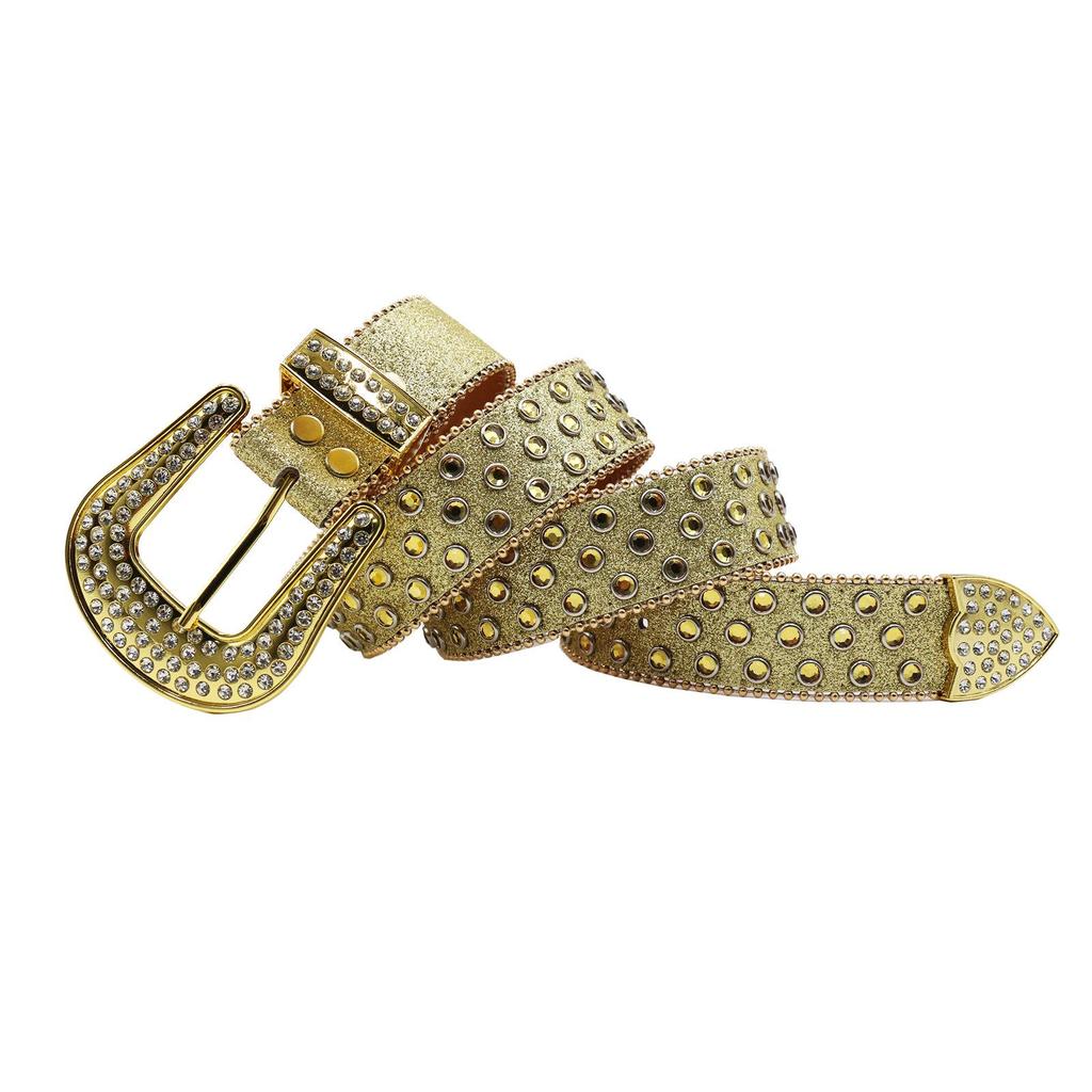 Y2K Punk Rhinestone Sequin Hip Hop Pin Buckle Leather Belt for Women