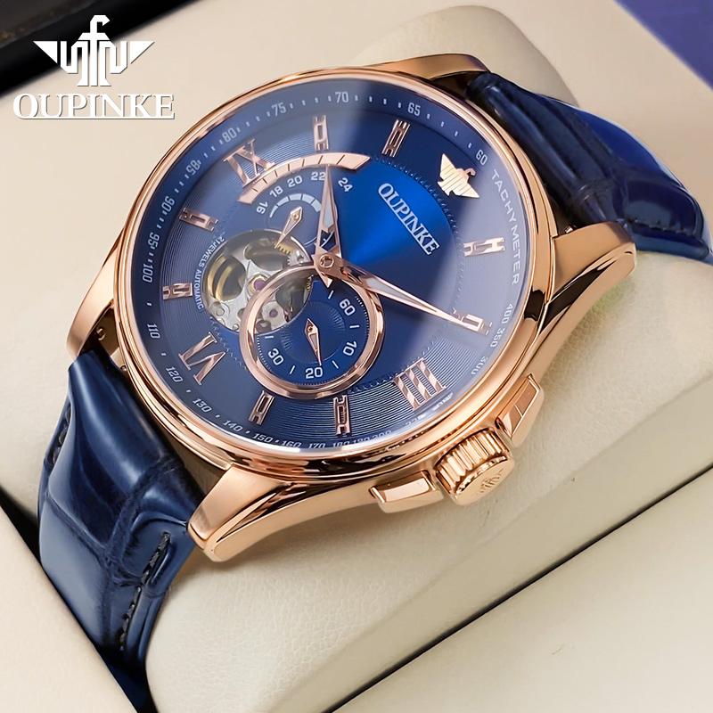 OUPINKE 3222 Original Luxury Men Watch Leather Strap 3D Hollow Chronograph Sapphire Top Brand All Automatic Men Mechanical Watch