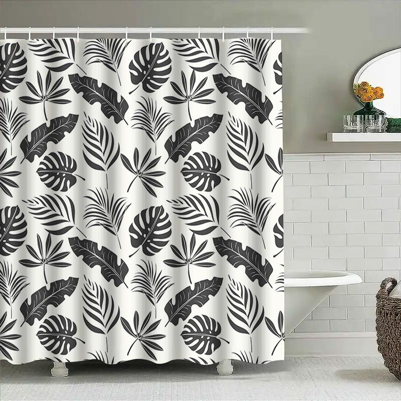 Black Leaf Shower Curtain Bathroom Decor Waterproof Home Design 180X180Cm