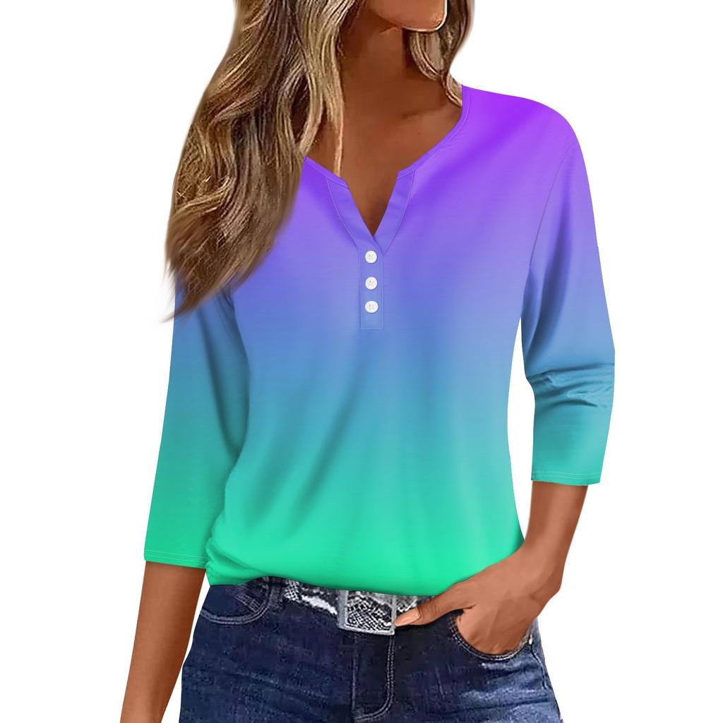 Women's T Shirt Tee Print Button  3/4 Sleeve Daily Weekend Fashion Basic V- Neck Regular Top