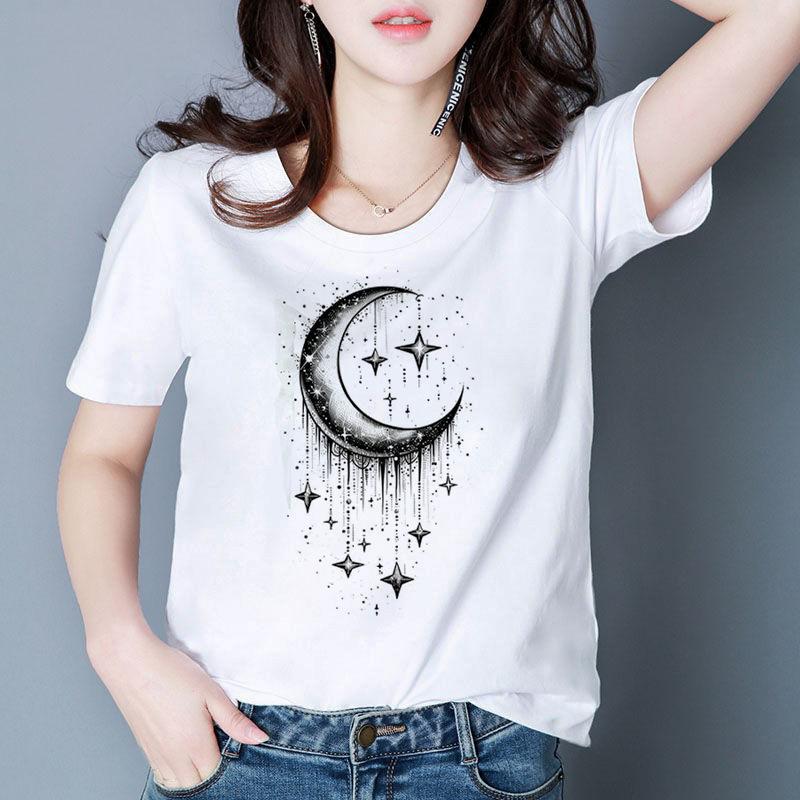 Sommer Neues Individuell Bedrucktes Modisches Damen-T-Shirt Personalisiertes Mondmuster Rundhals-T-Shirt für Damen Harajuku Ästhetik
