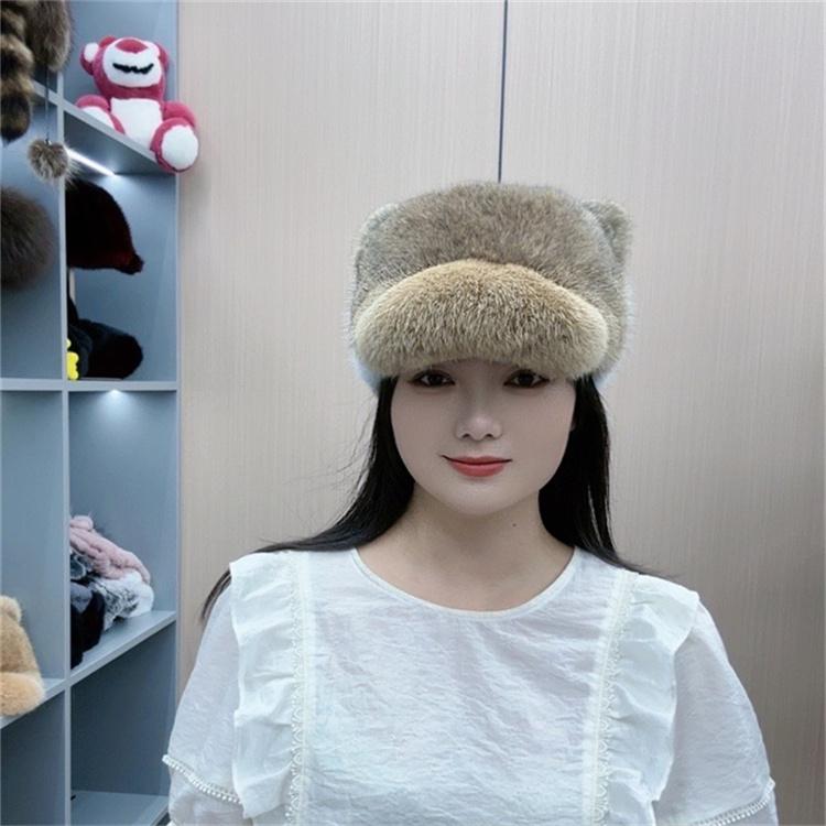Real rabbit fur hat cat ear round top for shopping thick genuine rabbit fur warm women winter and autumn baseball cap