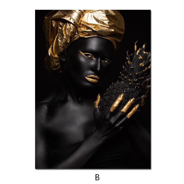 African Golden Beauty Girls Canvas Painting Black Girls Make Up Posters and Prints Wall Art Picture for Living Room Decoration