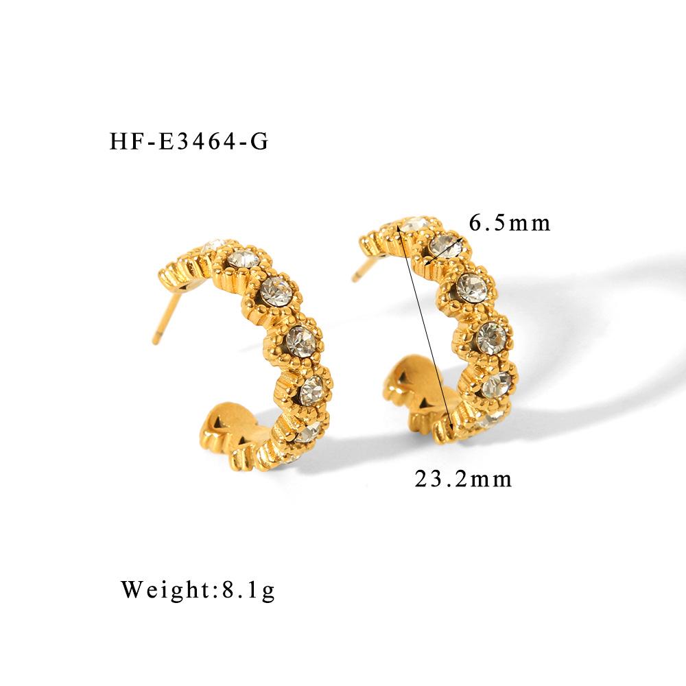 18K Light Luxury Stainless Steel C-Shaped Zircon Women's Stud Earrings, Non-Fading