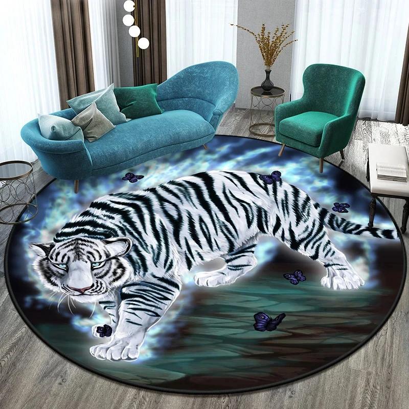 Cute Tiger Round Rug Wild Animal Carpet Non-slip Floor Mat for Living Room Bedroom Playroom Bathroom Decor Soft Circle Doormat