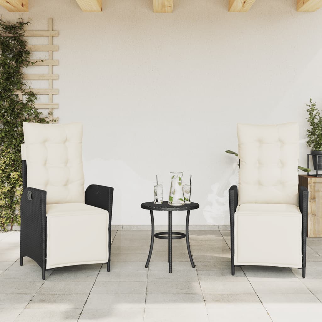 3 Piece Bistro Set with Cushions Black Poly Rattan