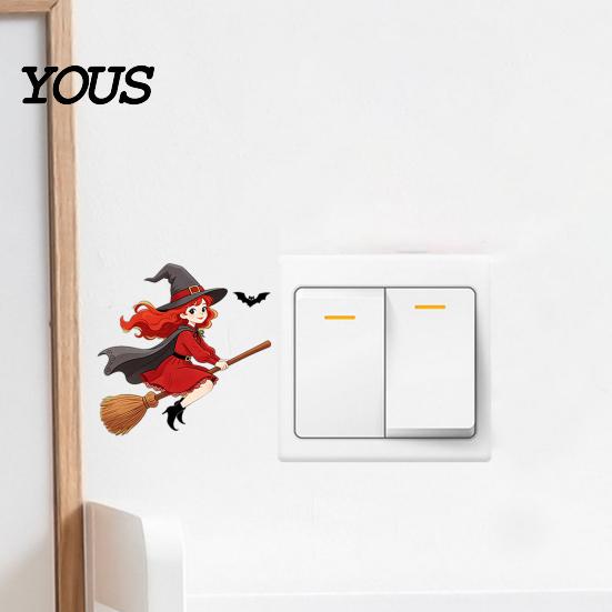 Holiday Home Decoration Halloween Switch Sticker, Witch Riding Broom Light Decal, Creative Decor Self-Adhesive Wall Stickers for Bedroom Living