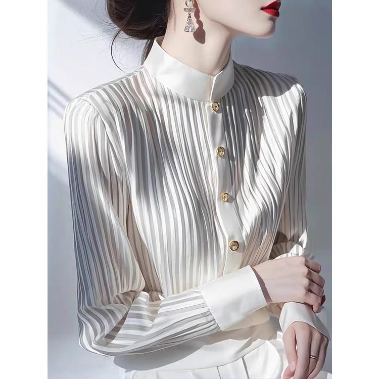 Women's Striped Shirt with French Standing Collar Women's Spring Shirt