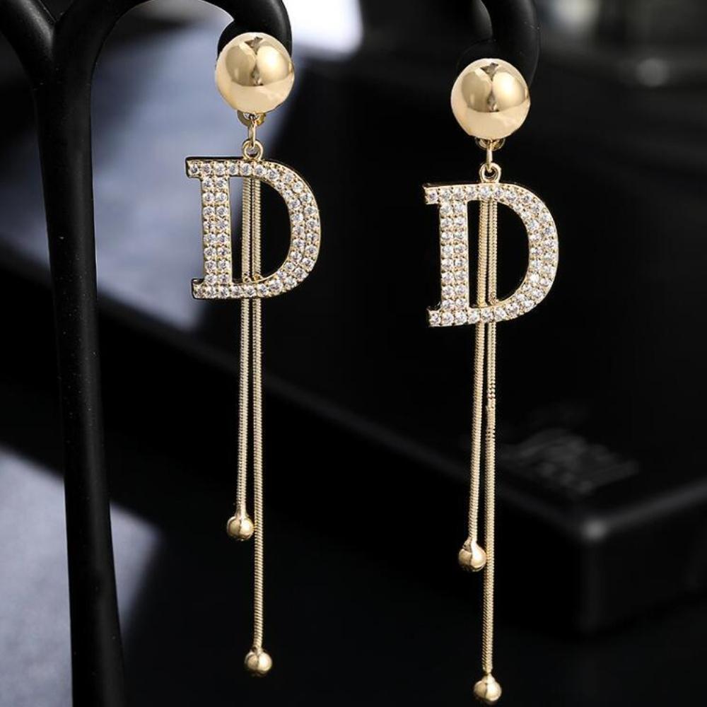 Exquisite Luxury Gold Color Letter D Long Drop Dangle Earrings for Women Charm Fashion Zircon Korea Earring Bride Jewelry Gift