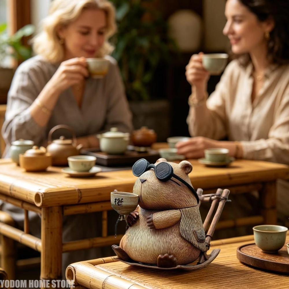 Lovely Tea Drinking Capybara Resin Statue, Small Animal Ornament for Bookshelf, Windowsill Household Display