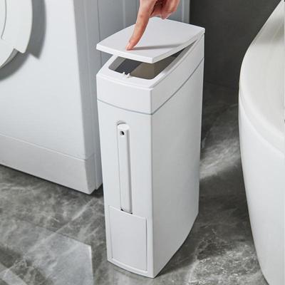 Platzsparender Pressmülleimer mit integriertem Toilettenbürstenhalter, langlebiges Plastik, modernes minimalistisches Design für kleine Badezimmer