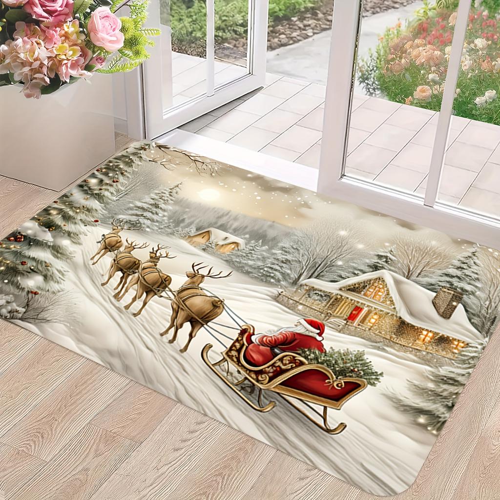 1Pcs Anti Fatigue Door Rugs, Santa Reindeer Sleigh Print Waterproof Non-Slip Thick Cushioned Door Mat Heavy Duty Comfort Standing Mat for Door