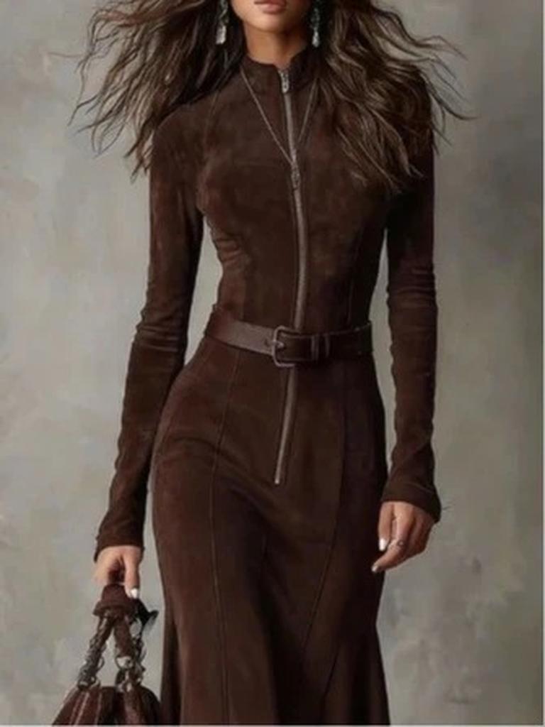 Vestito da Donna Autunno Nuovo Ins con Zip Manica Lunga Monocolore