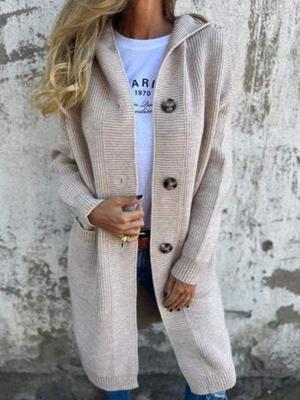 Women's Hooded Knitted Cardigan with Buttons and Pockets for Autumn/Winter
