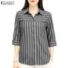 ZANZEA Women Turn Down Collar Loose 3/4 Sleeve Stripe Blouse