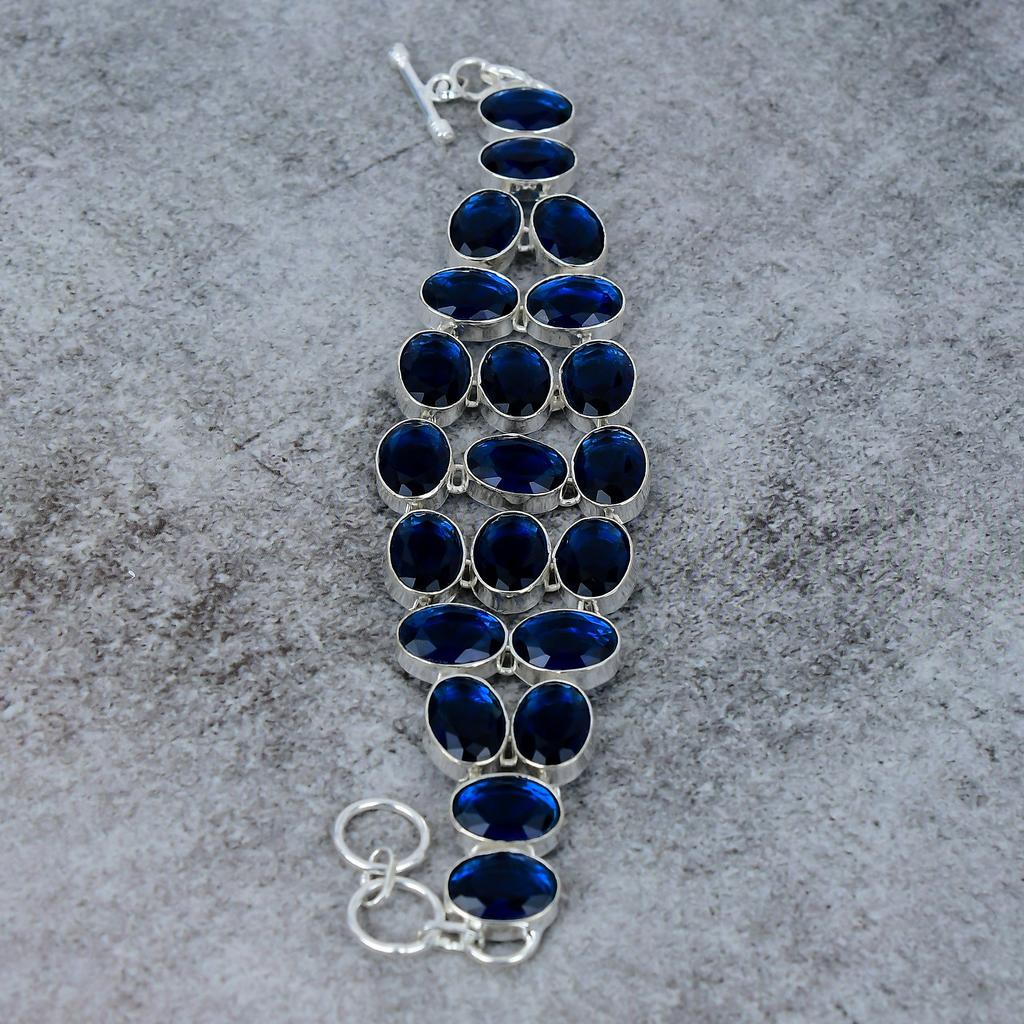 London Blue Topaz Gemstone Handmade 925 Sterling Silver Bracelet 7-8" M-289