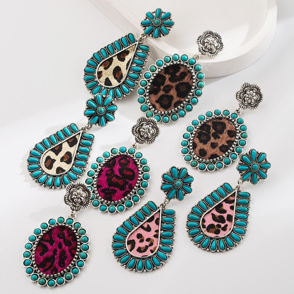 Ethnic style earrings retro court style with turquoise leopard print leather exaggerated personality earrings