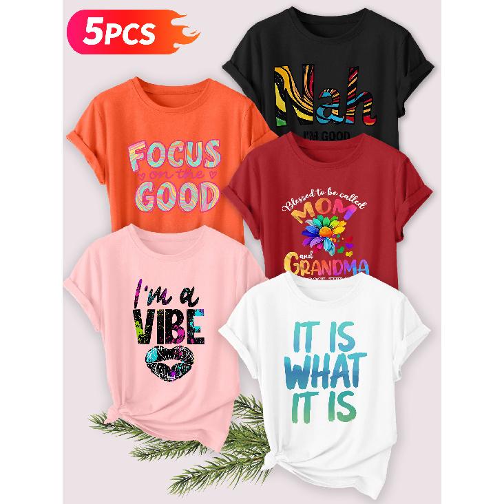 Five-piece set Elegant short-sleeved shirt for women Energetic Attitude Series Printed Round Neck Women's Short Sleeve Shirt Suitable for Spring and