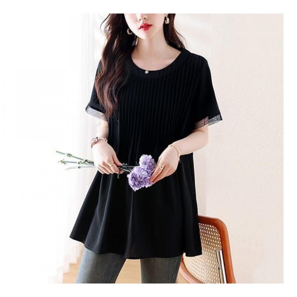 Navava Women Vintage Pleats Round Neck Short Sleeve Blouse Nb2199