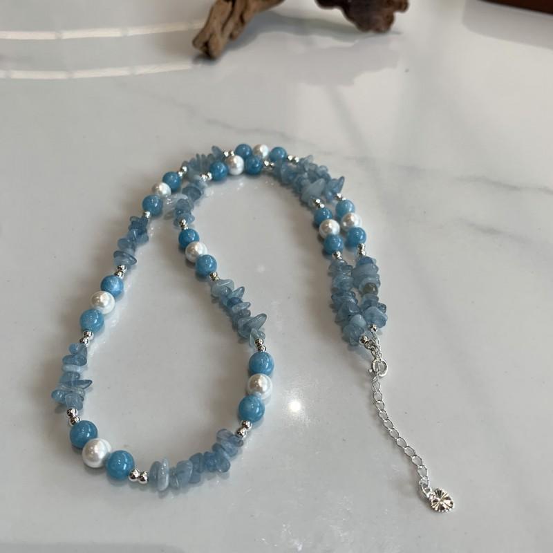 Handmade Sea Blue Crystal Irregular Chip Bead Necklace Women Minimalist Boho Choker Chain Fresh Elegant Daily Wear Aquamarine1