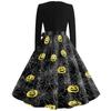 Women's Casual Vintage Halloween Print V Neck Long Sleeve Dress with Waist Tie and Flared Skirt for Everyday Wear