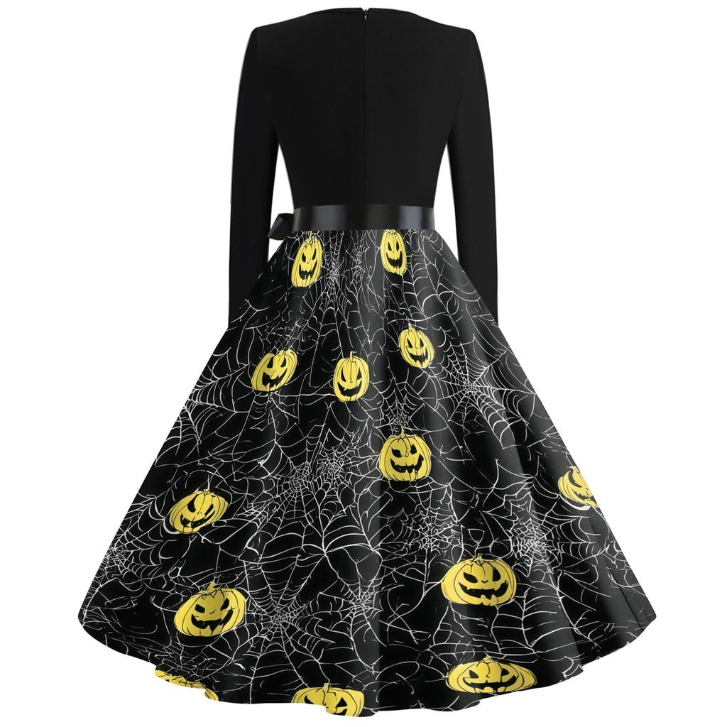 Women's Casual Vintage Halloween Print V Neck Long Sleeve Dress with Waist Tie and Flared Skirt for Everyday Wear
