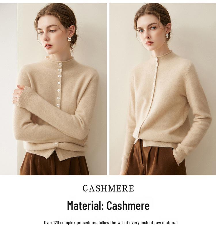 Women's Autumn/Winter 2026 Pure Cashmere Single-Breasted Cardigan - Half-High Neck, Rolled Edge, Gentle Style Base Layer