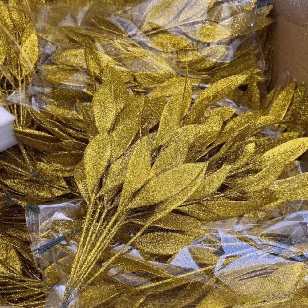 10Pcs New Artificial Artificial Leaves DIY 6-Leaf Fake Plant Leaves Glitter Christmas Tree Decor New Year Gift