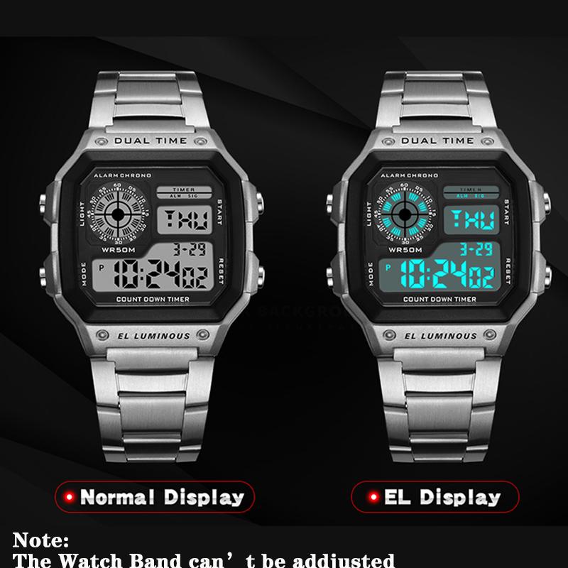 Men's Military Watch Luxury Sport Digital Watch Stainless Steel Countdown Waterproof Electronic Wristwatch for Men Gift