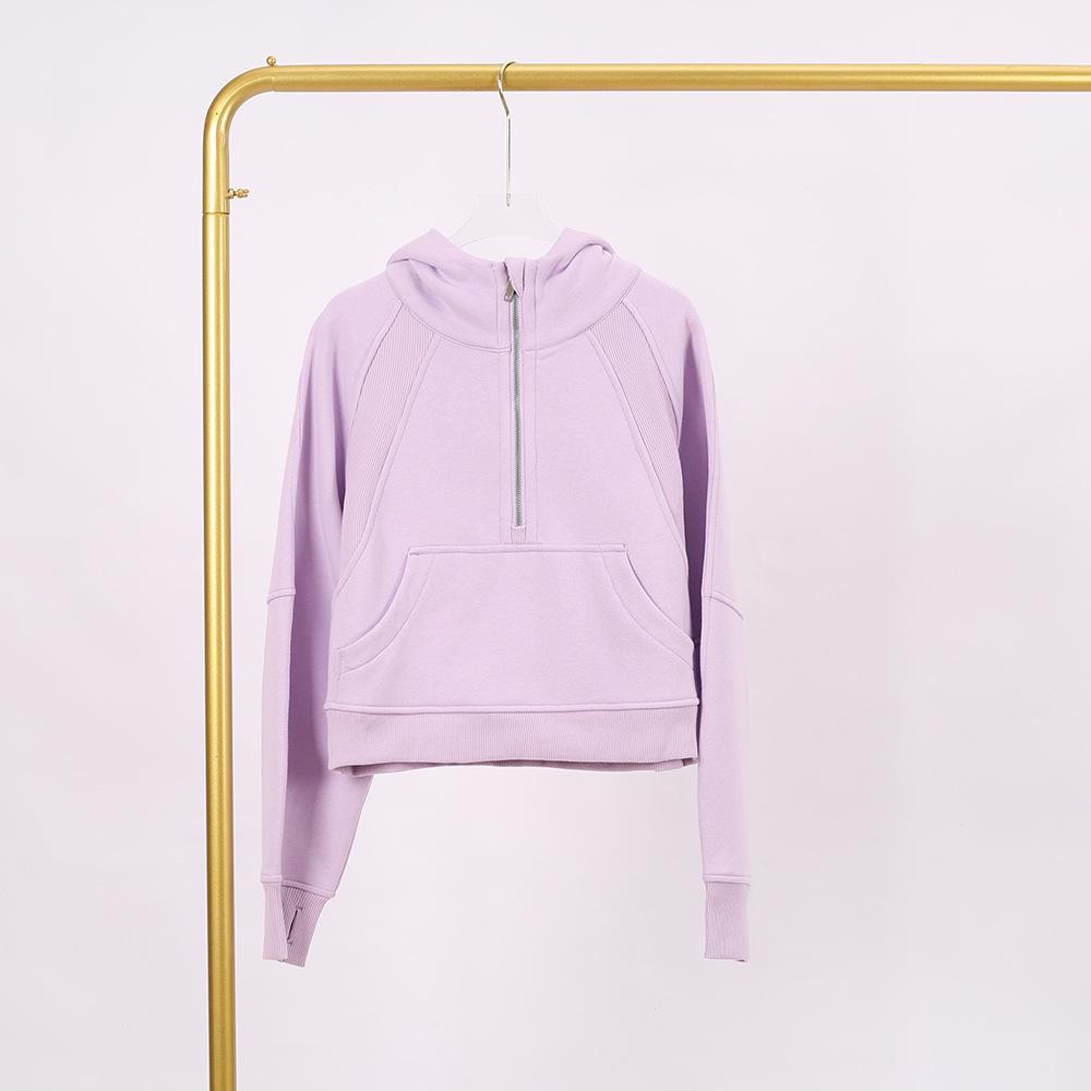 LULU Women's Hooded Half-Zip Terry Cloth Sweatshirt with Gold Logo & Zipper, Plus Velvet Yoga Wear