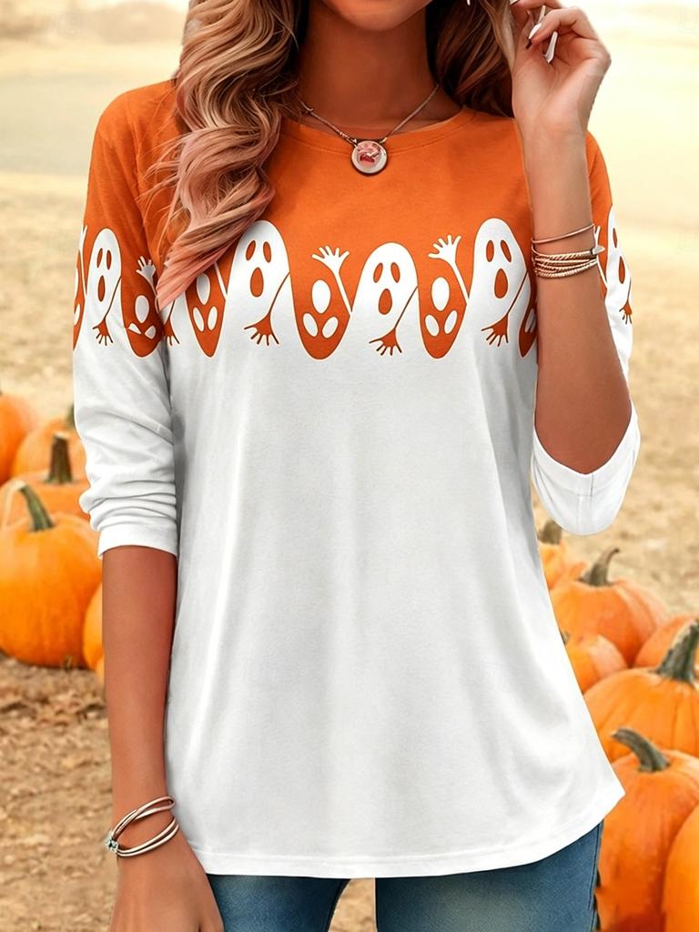 Women Halloween Ghost Printed T-Shirt Long Sleeve Crewneck Loose Tops Casual Orange White Graphic Party T-shirt Women Clothing