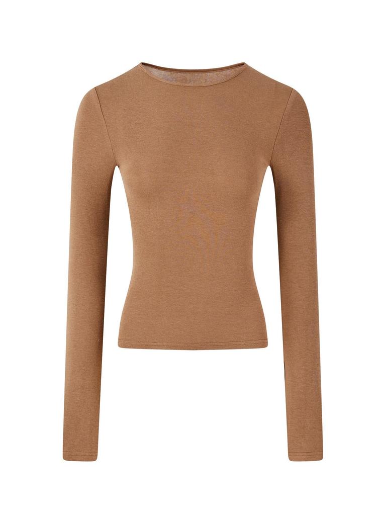 Shanxi Women's 4-Color Versatile Knit T-Shirt: Elastic, Soft, Long-Sleeved, Round Neck Top for Autumn/Winter Wear.