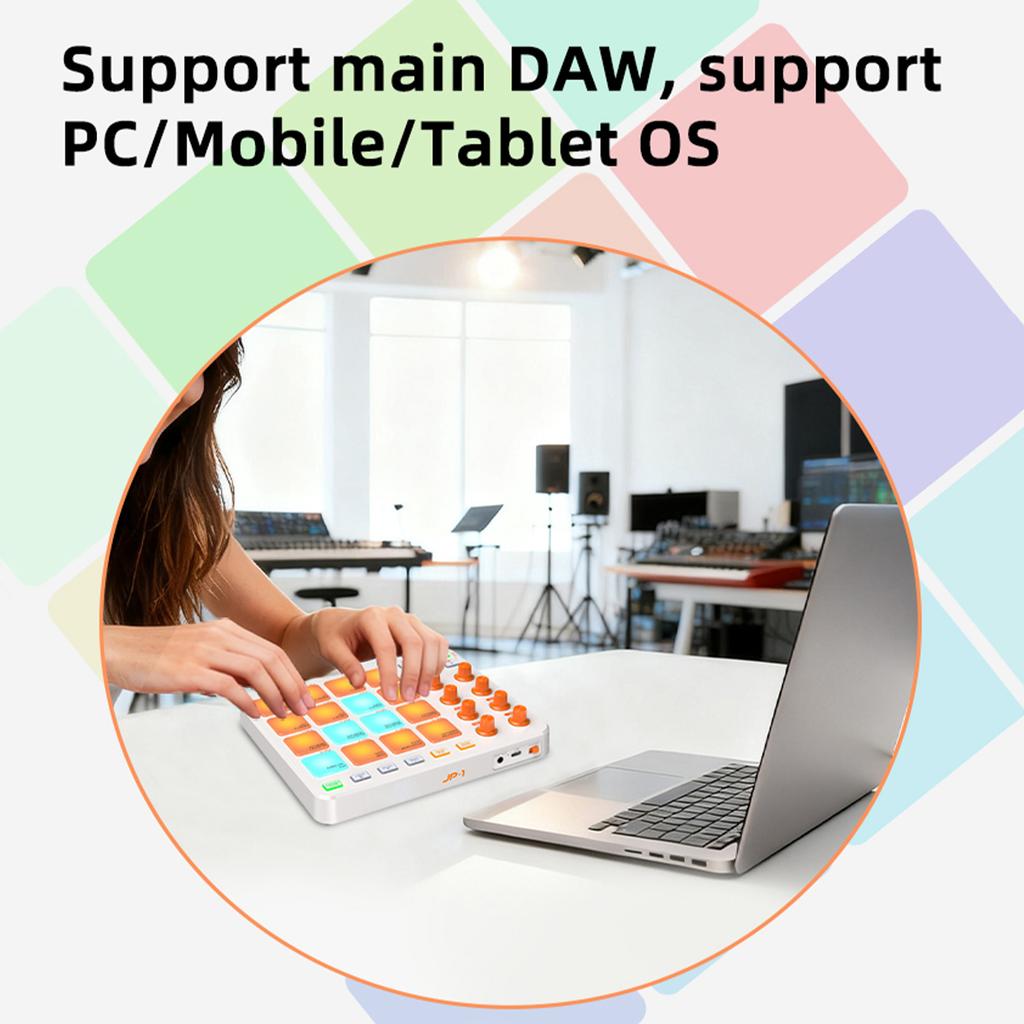 MIDI Controller Wireless MIDI Keyboard Pad 16 RGB Pads 6 Customizable Buttons 8 Knobs Rechargeable PC Mobile App Support for Beginners