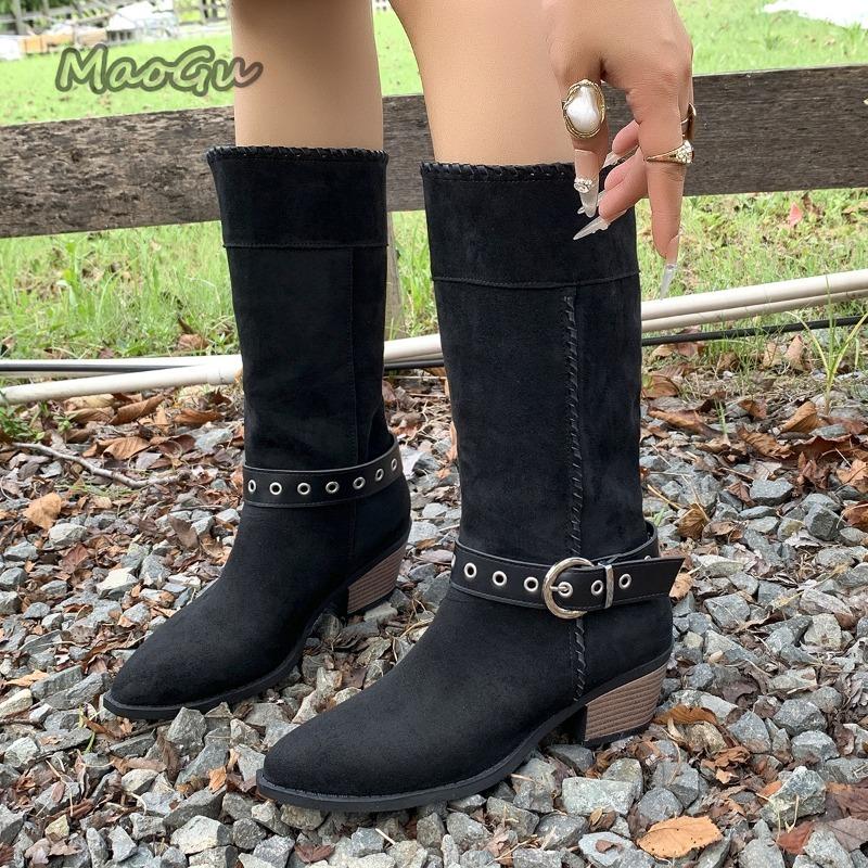 Fashion Belt Buckle High Heel Western Mid-Calf Boots Women 2025 Autumn Winter Suede Vintage Knight Boots Size 35-42 Bottes Femmes Black