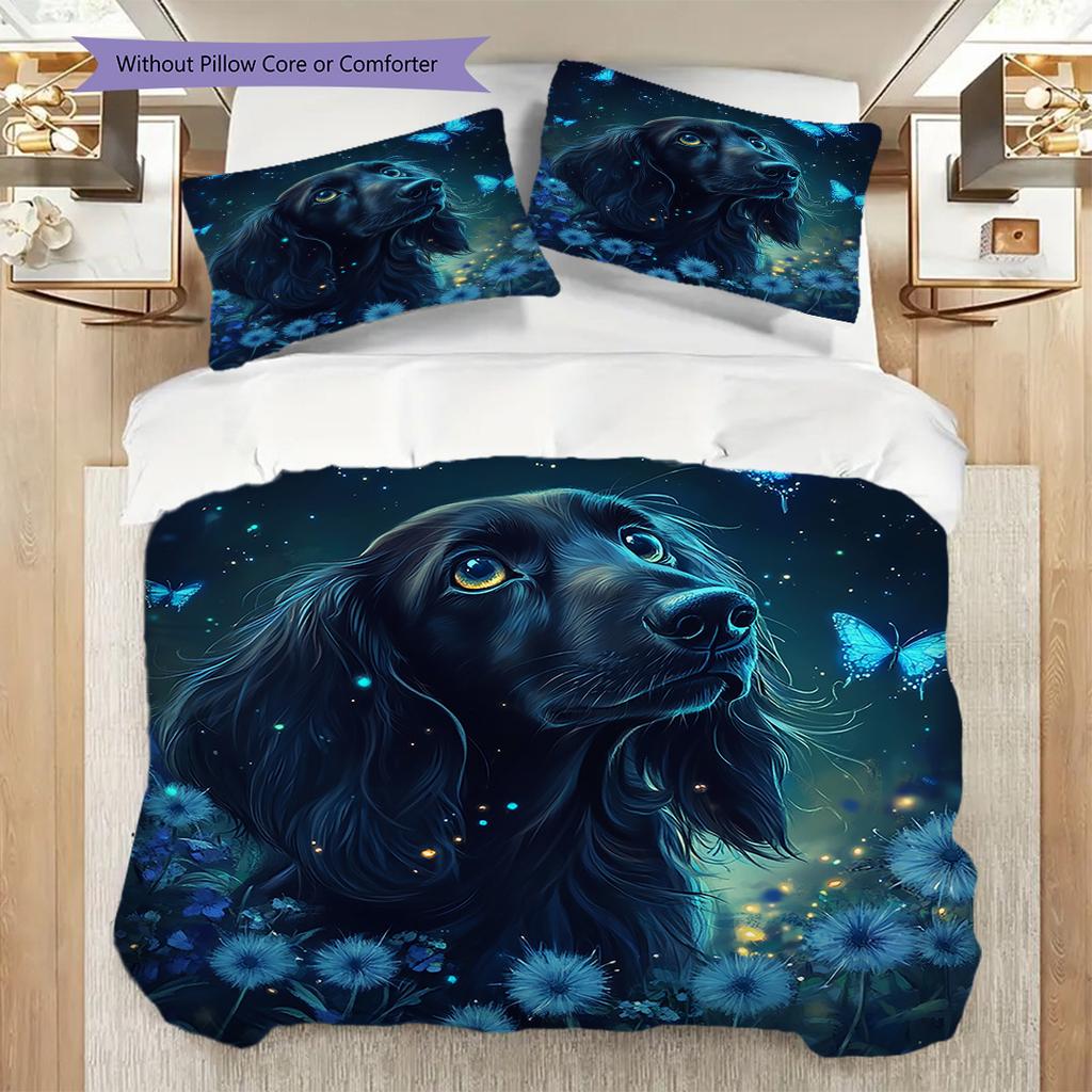 Schwarzes Hundemuster Bettwäsche Steppdecke Set Bettbezug Kissenbezug Heimdekoration Geburtstagsgeschenk (1 Bettbezug + 2 Kissenbezüge, ohne Füllung)