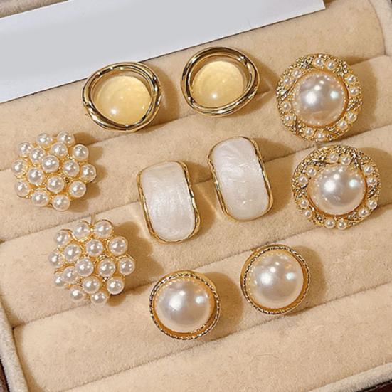 6 Pairs Stud Earrings High Gloss Imitation Pearls Faux Opal Round Square Design Ear Studs Versatile Jewelry Gift