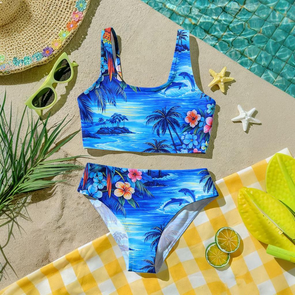 Bambina Due Pezzi Bikini Costume da Bagno Set Estate Casual Stampa Hawaiana Canotta e Slip a Vita Alta Costumi da Bagno per Bambini