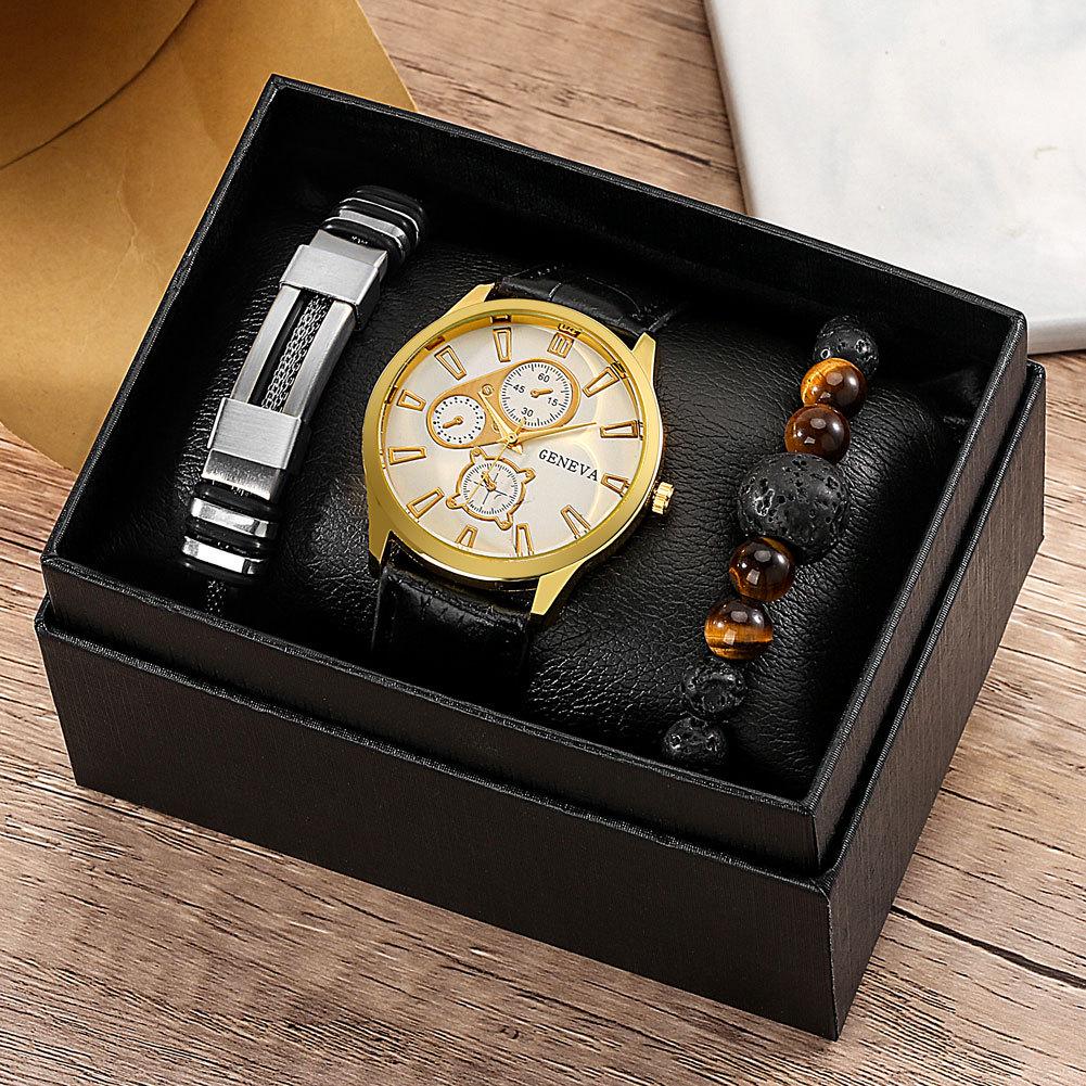 Men's Canvas Quartz Watch & PU Bracelet Set with Single Calendar & Faux Three-Eye Design