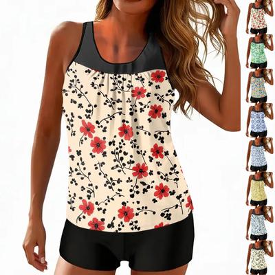Bañador Deportivo Vintage con Estampado Floral y Pierna Dividida para Mujer