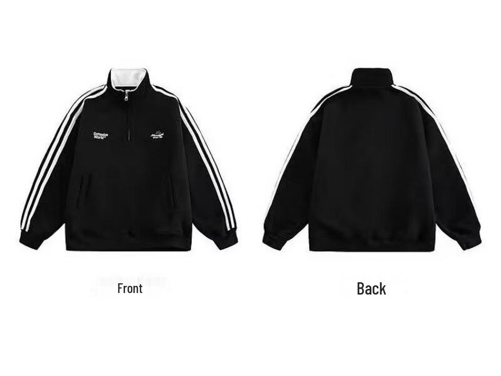 Unisex Fleece-Lined Stand Collar Half-Zip Hoodie: Thick, Embroidered, Trendy, Loose-Fit, Autumn/Winter, Heavy-Weight Jacket.