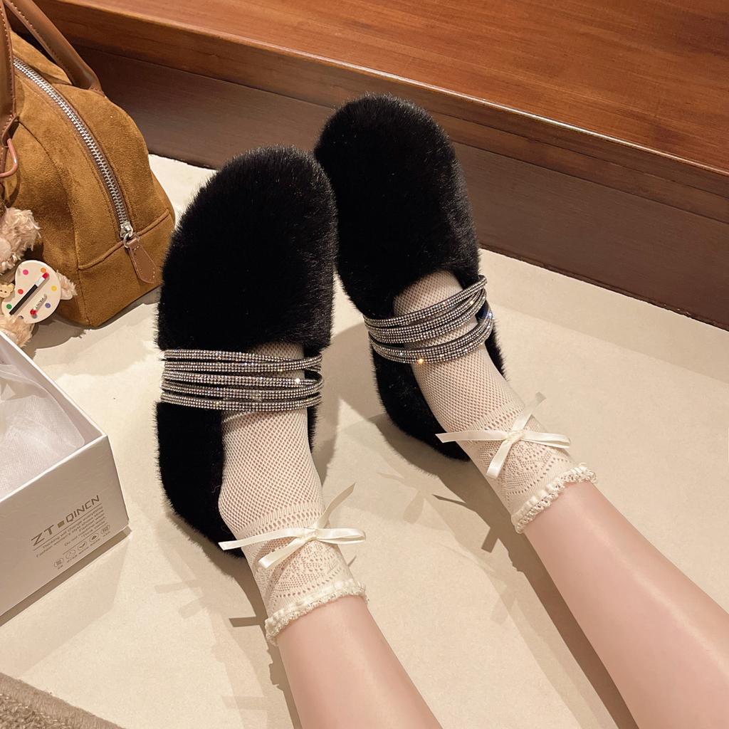 Fashion Retro Style Simple Rhinestone Word Mary Jane Shoes Women's 2025 Winter New Wear Light Mouth Wool Cotton Shoes