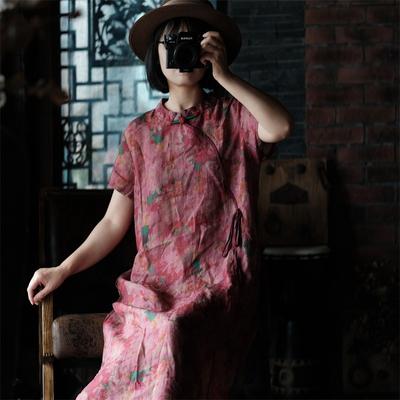 Sommerkleid für Damen im Vintage-Stil mit Leinendruck und Schnalle, V-Ausschnitt, chinesischer Stil, kurze Ärmel, legeres Kleid