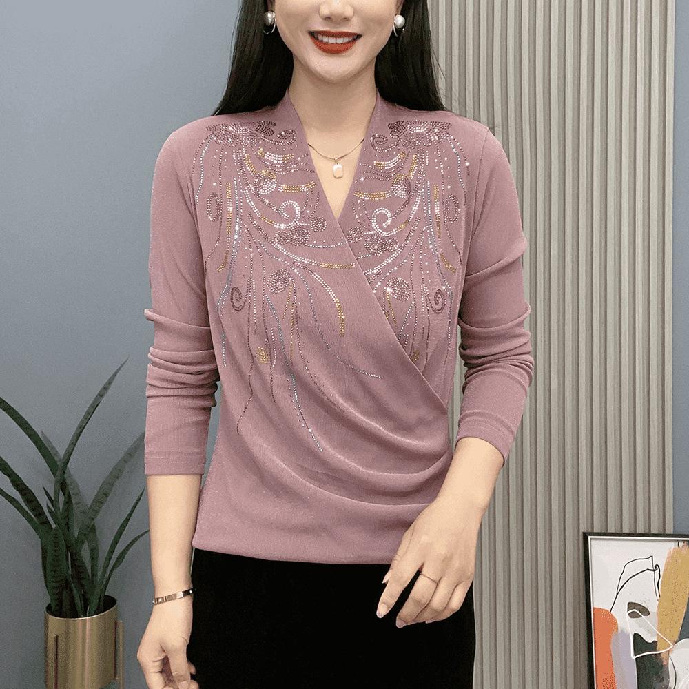 Autumn/Winter Cross-Neck Rhinestone Phoenix Long-Sleeve Base Layer Shirt