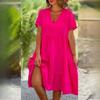 Women Fashion Summer Spring Fresh and Cute Solid Color Print Short Sleeve V-neck Big Loose Casual Dresses